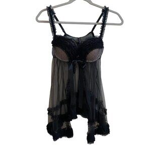 Victoria's Secret Sheer Babydoll Mesh Teddy Black Sexy Ruffle Coquette 90s-36B